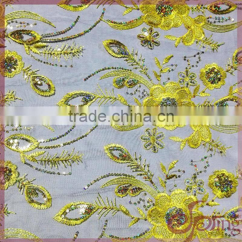 golden flower with beads embroidery lace fabric for dress/tunic/wedding dress