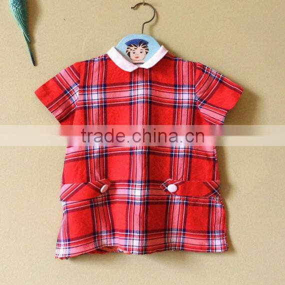 Hot sale lovely kids cotton clothes red plaid lace trim latest designs photos 2 year old baby girl dress