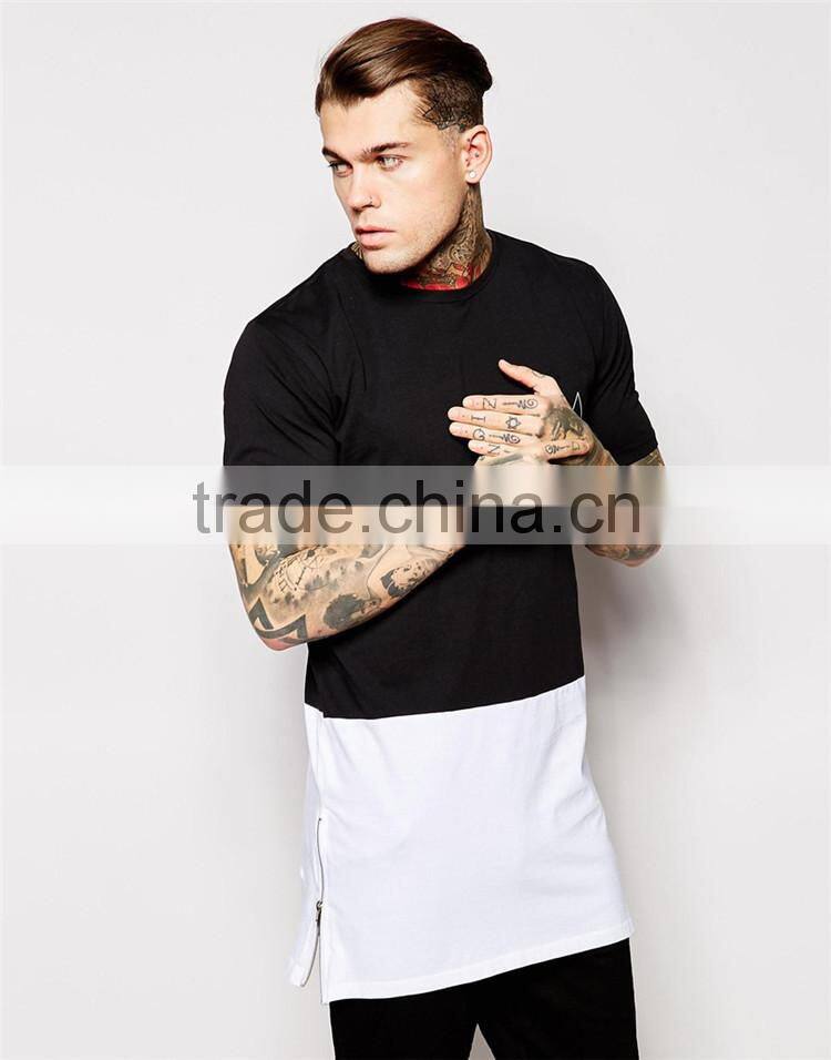 2015 Mens long tee shirt 100% cotton short sleeve long tee shirt with panelling and side zips