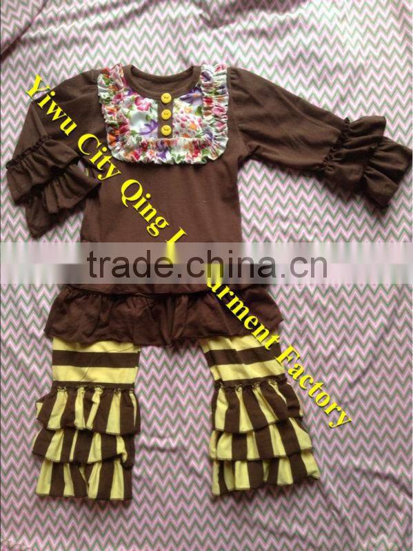 Persnickety Baby Girls Cotton Halloween Outfit Boutique Kids Yellow Stripe Long Sleevs Shirt with Brown Tripe Ruffle Pant Sets