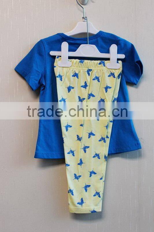 Fashion Kids Girls Summer 2 Pcs Set Butterfly Printed Blue Short Sleeve Top Clothing Sets TP-7727