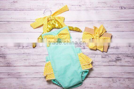 Baby Girls Mint And Yellow Polk Dots Ruffle Bubble Baby Kids Clothes Romper