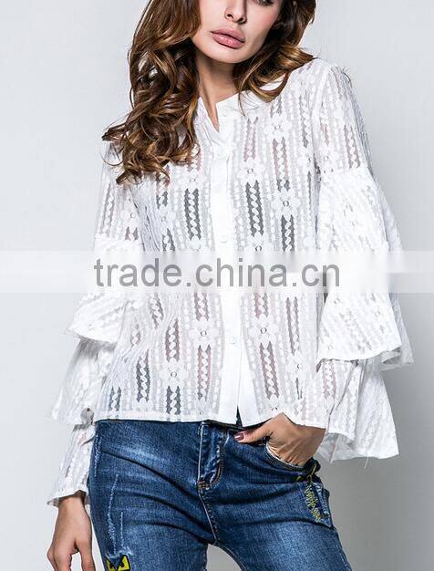 Runwaylover 121 2017 Ladies Sexy Flare Sleeve Lace Transparent Blouse