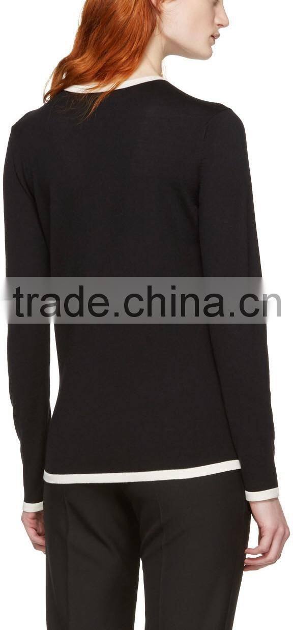 High Quality Long Sleeve Rib Knit V-Necked Black and White Contrast Women Pullover