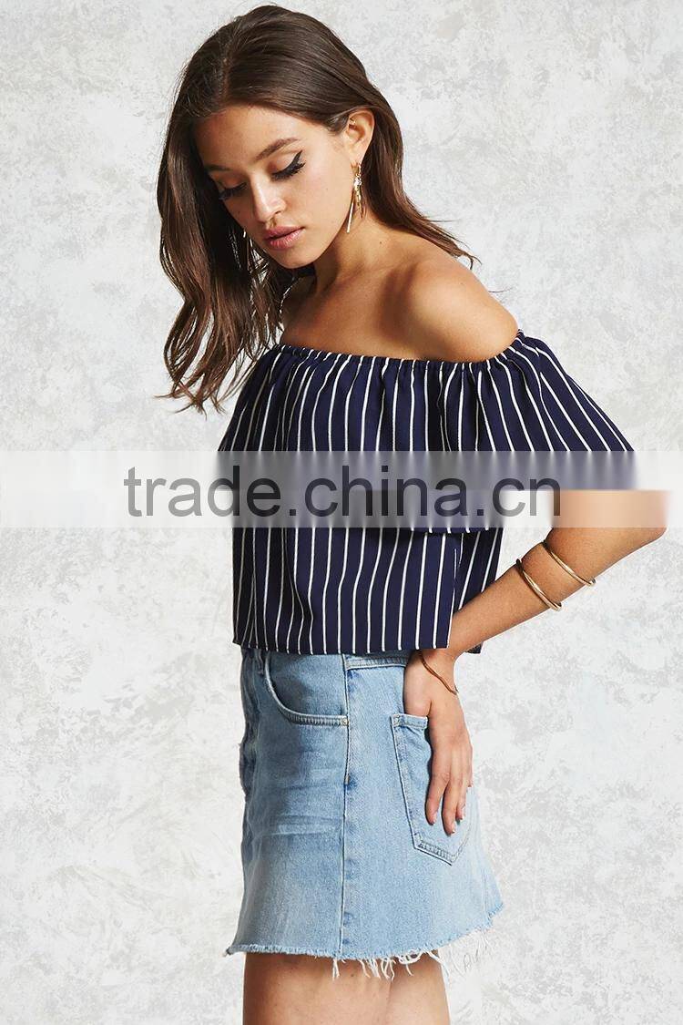 Hot sale fashion short sleeve summer casual off shoulder striped sexy women blouse