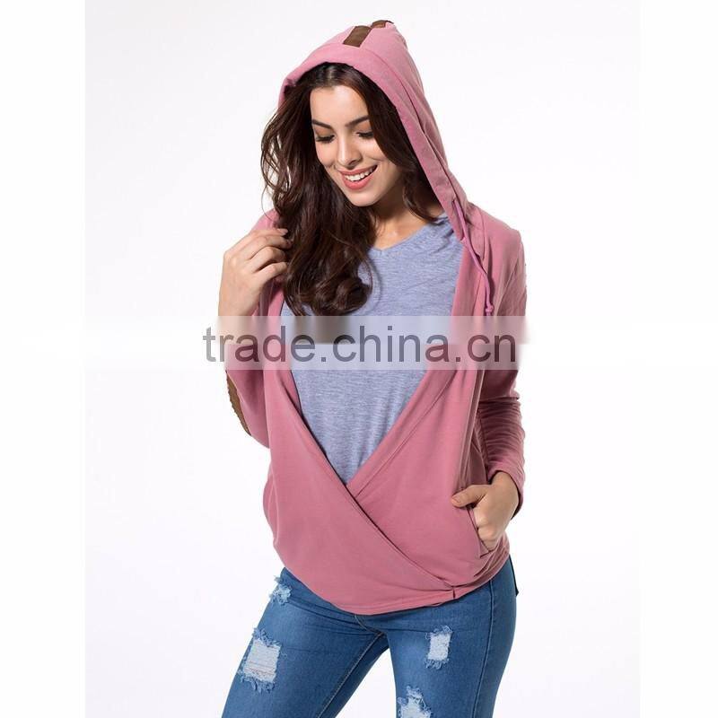 Stylish Street Wear Women Pink Plunge Wrap Front Long Sleeve Hoodie