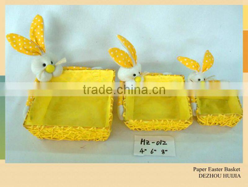long ears plush rabbit toys with basket made by paper string for easter
