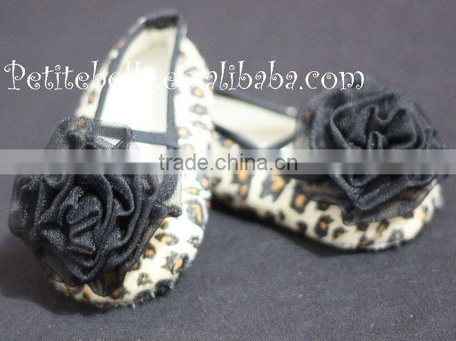 Leopard Print Shoes with Black Rosettes Pettishoes Crib Shoes MAS22