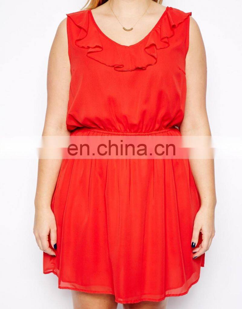 CHEFON Inspire ruffle neckline skater red ruffle dress