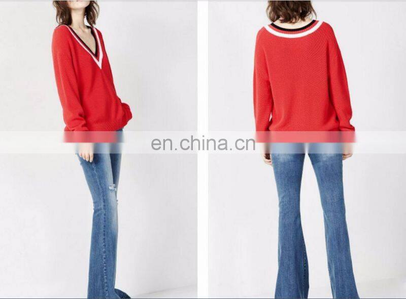 Color block details Women casual V neck Oversize sweaters