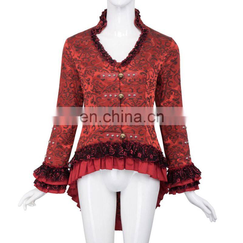 Belle Poque Women's Retro Vintage Gothic Victorian Corset Style Lace Embellished V-Neck Jacquard Red Coat Tops BP000223-2
