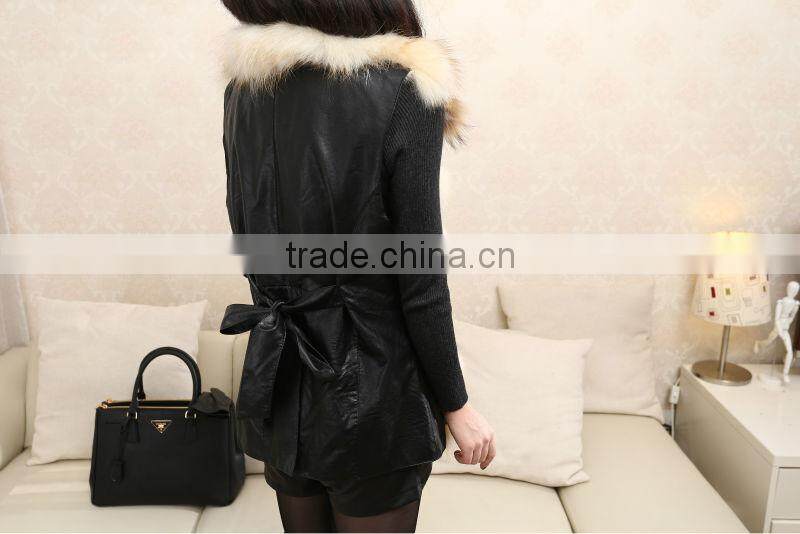 Bright White Color Fur Natural Raccoon Dog Fur & Rabbit Pelt Leather Vest