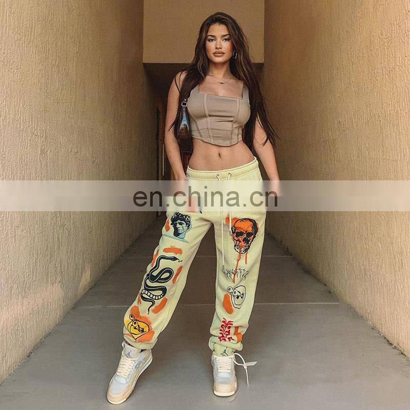 2021 autumn and winter new fashion street trend multi-pattern printing strap thick warm casual pants