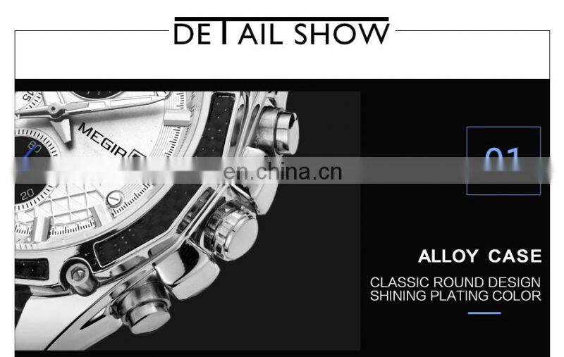 MEGIR 2015 Men Leather Strap Analog Chronograph Calendar Wrist Watch Military Sport Men Wristwatch