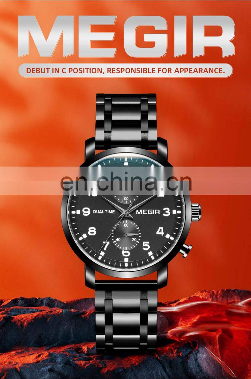 MEGIR 2160 Fashion Leather Stainless Steel Waterproof Chronograph Sport Wrist Watches Quartz Watch Man