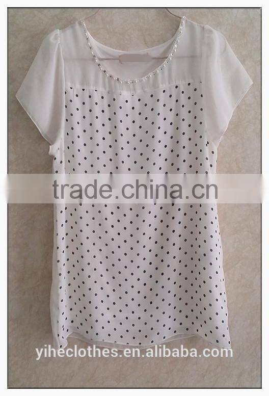 Simple wave point chiffon T-shirt O-neck girls t-shirt