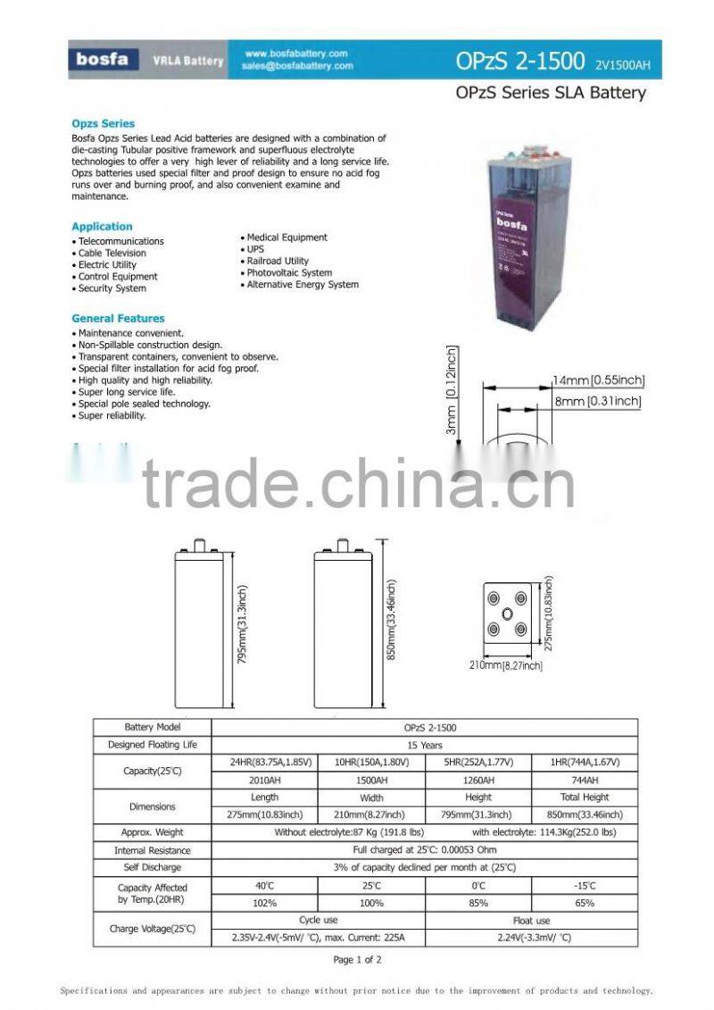 24v solar battery OPzS 2v1500ah solar pumps backup battery