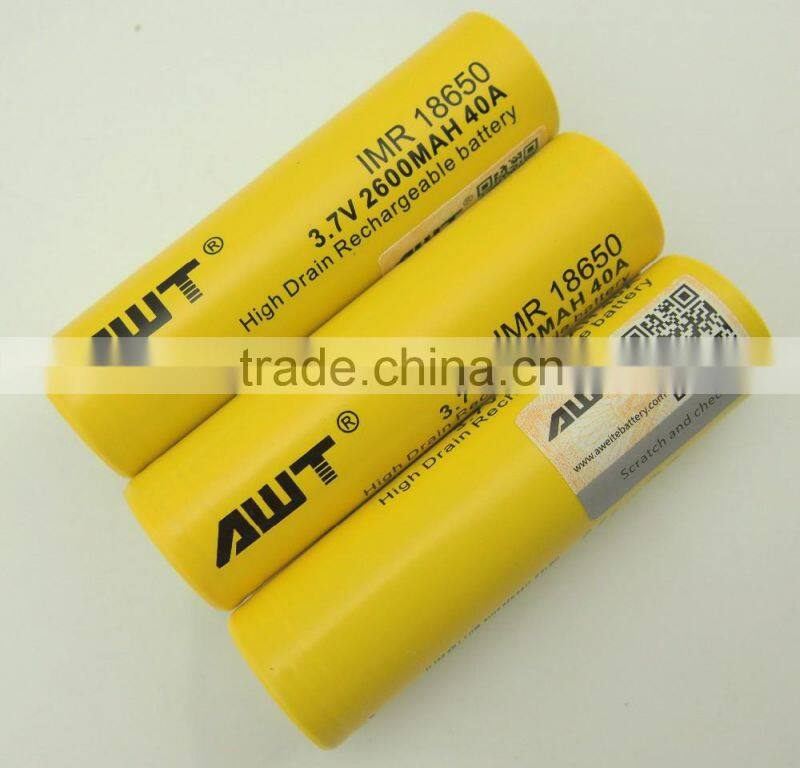 AWT Yellow 18650 2600mah 40A Subox mini vape mod box mod 200w vape pen battery & stab wood box mod awt 18650 high drain