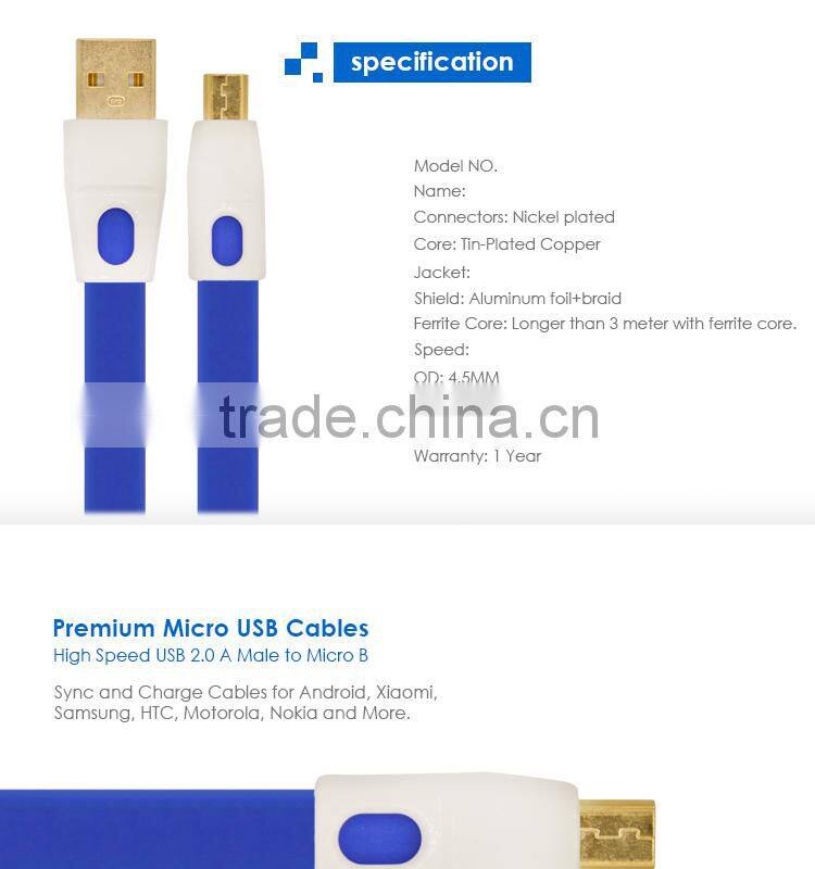 Tangle Free Flat Noodle 4ft Colored Micro USB Charger Cord for Android,Samsung