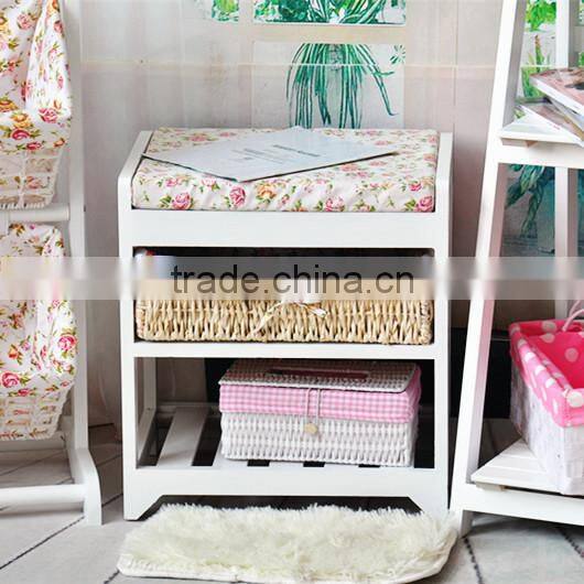 Modern rural style top grade wood footstool with weaving baskets