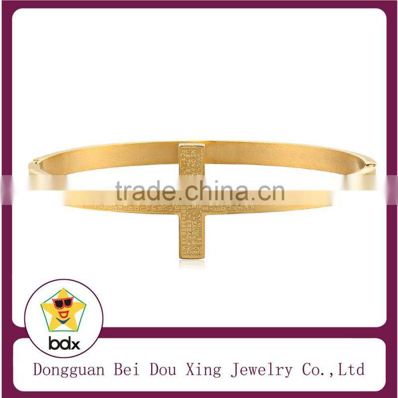 High Quality Fashion Gold Stainless Steel Religious Gift Hollow Out Catholic Jesus Cross Cuff End Bangle With Natural Stone