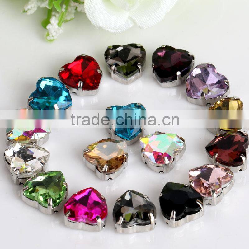 bling bling sew on burgundy color crystal heart shaped strass with metal claw for fashion clothing decoration