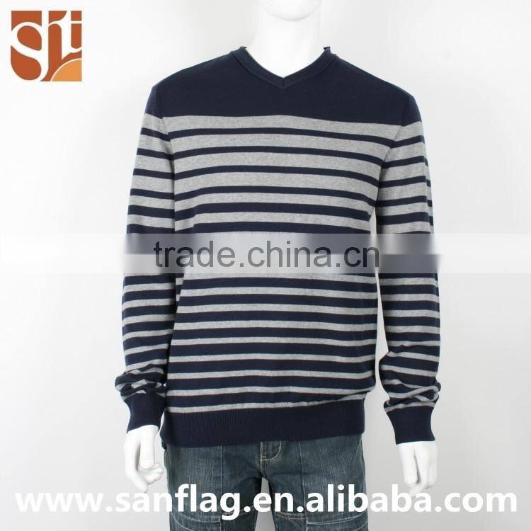 Mens V neck long sleeve pullover stripes 100%cotton fashion knitted sweater made in china