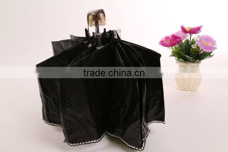 sun umbrella black coated with UV protect 3 folding umbrella made by chinese umbrella manufacturer