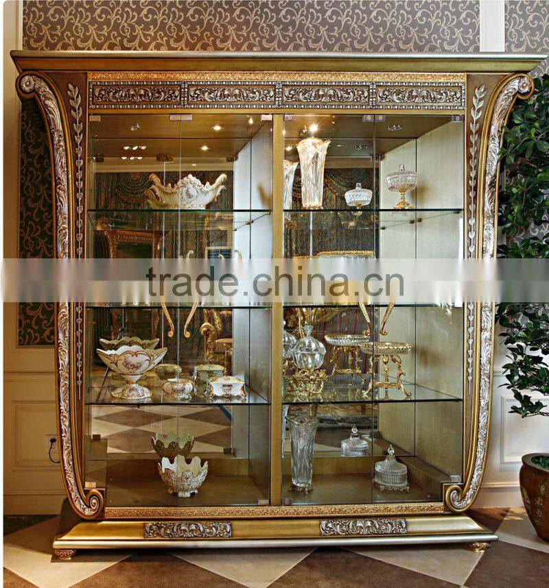 Luxury French Baroque Style Golden Four Door Glass Display Cabinet/ Gorgeous Home Decorative Cupboard Showcase/ Glass Vitrine