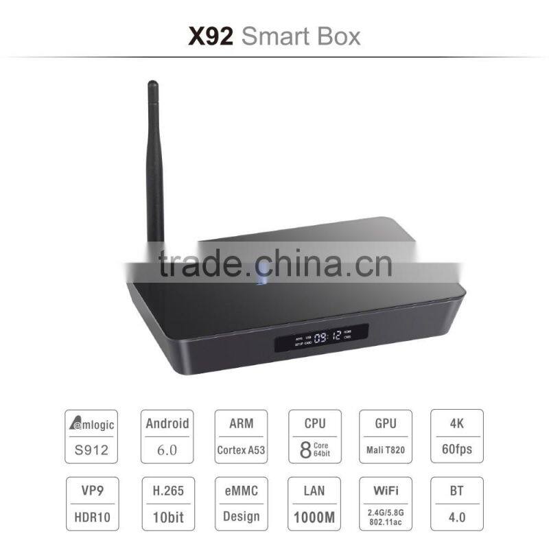 Latest Amlogic S912 64bit Octa-core 2G 16G X92 S912 android 6.0 marshmallow tv box
