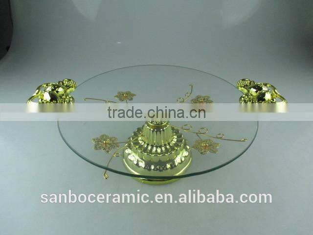 Round Wedding Glass cake plate with Gloden handles