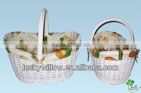 oval white willow storage basket with handle &lining