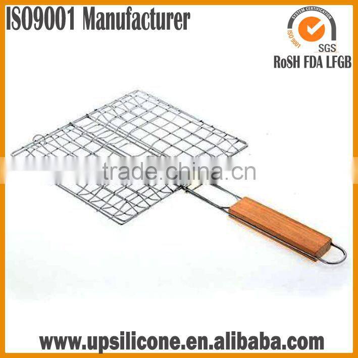 Non-Stick BBQ Fish Grilling Basket / Grill Stainless Steel Wire Mesh/BBQ Grill Mesh With Wooden Handle/Grill Lattice