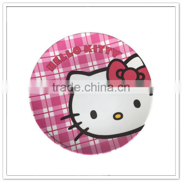 Food grade children's melamine ware girls favorite pink kitten face printed round plastic plate for kids