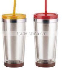 280ml/350ml/450ml stainless steel Inner steel outer plastic double layer cup with straw
