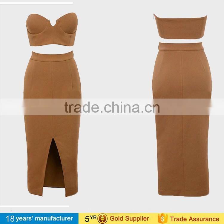 2017 sexy women long sleeve bodycon two piece dress club wear prom crop top blouse and long skirt