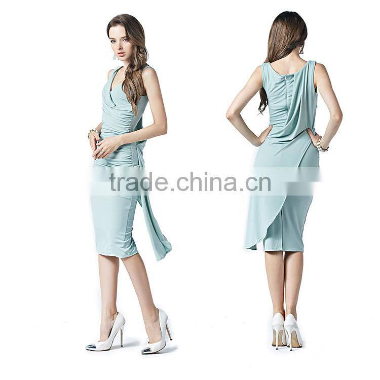 OEM Hot Sexy Lady Women Sleeveless Ruched Bodycon V Neck Knee Length Party Dresses China