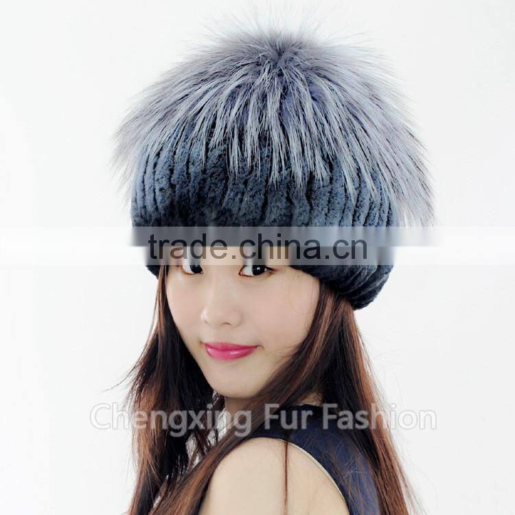 CX-C-244E Rex Rabbit Fur Knitted Cap And Hat Black Frost
