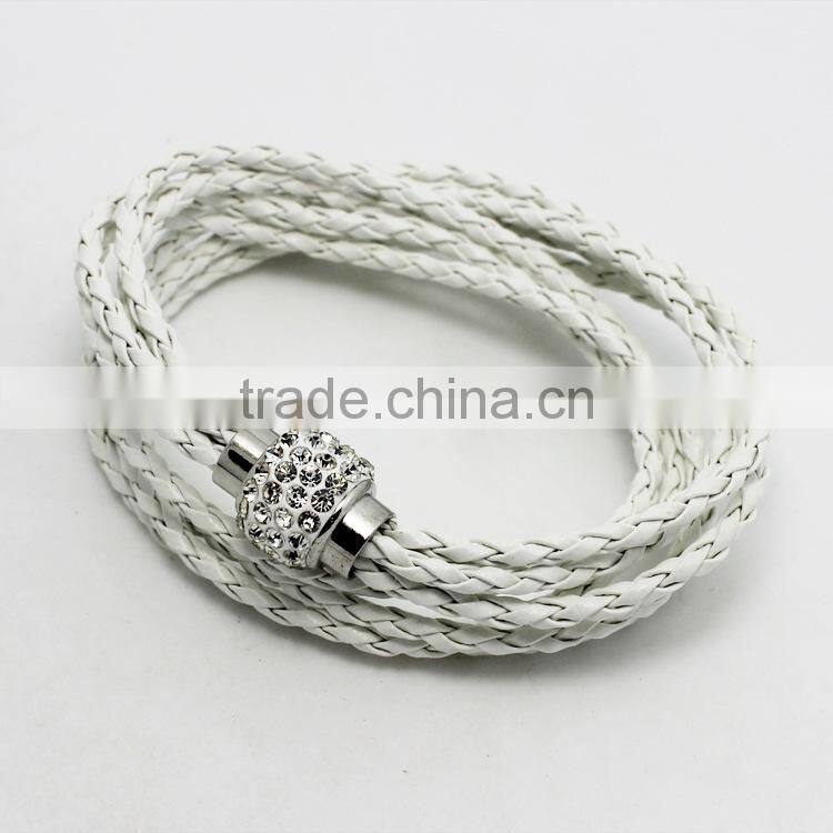 Leather Wrap Wristband Cuff Punk Magnetic Rhinestone Buckle Bracelet Bangle