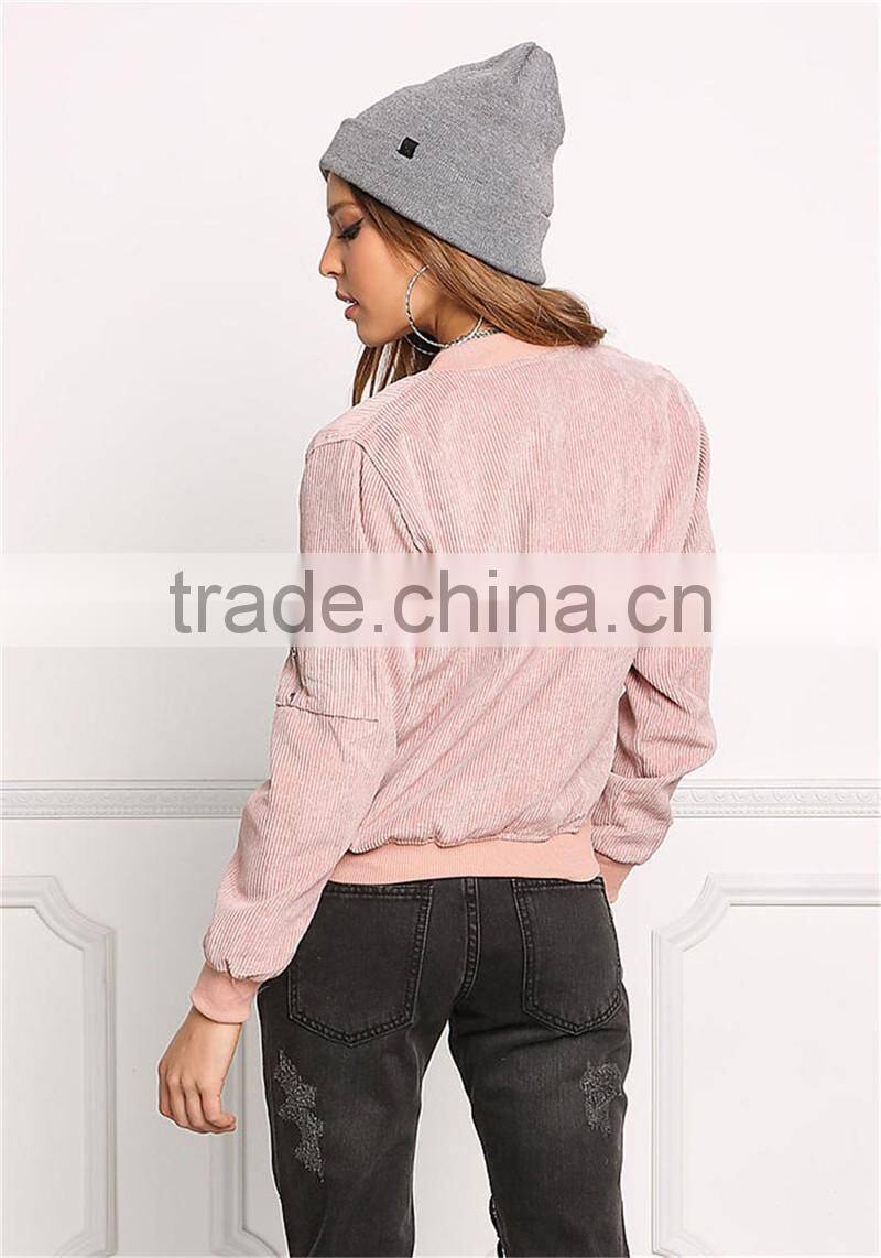 MGOO Custom Made 2017 Pink Corduroy Women Jackets Plain Zip Up Bomber Jackets For Spring Coat Fashion Streetwear