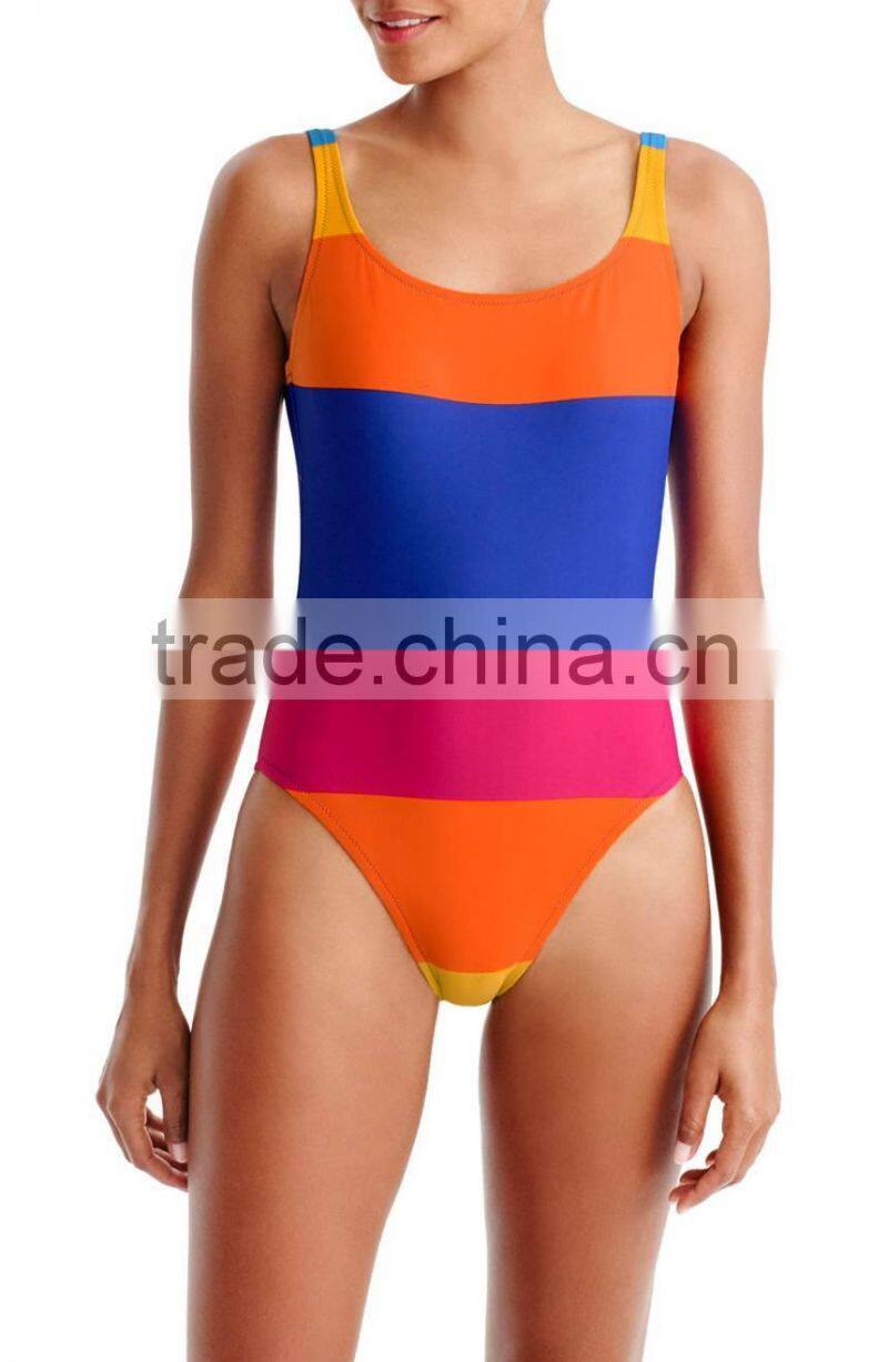 Stripe U Back One Piece Swimsuit Customizable Rainbow Of Stripes Color Blocks Swimsuit 80% Nylon 20% Elastane Lined Ladies Swim