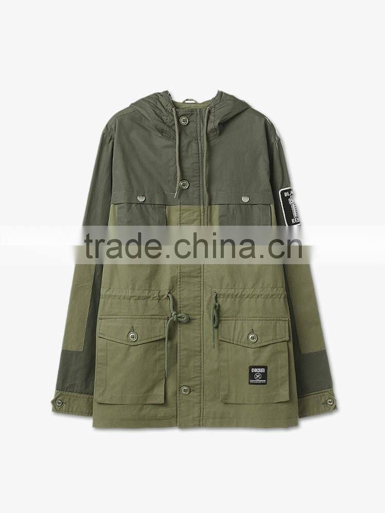 2016 Customized Men's outwear sport swear applique army green men's winter jacket with hood