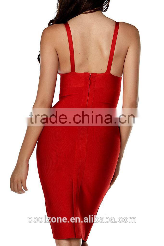 Spaghetti straps plunging neck bodycon fit bandage dress 2015