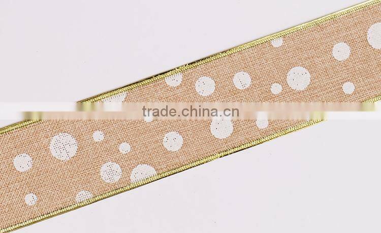 Burlap Christmas Ribbon with White Dots