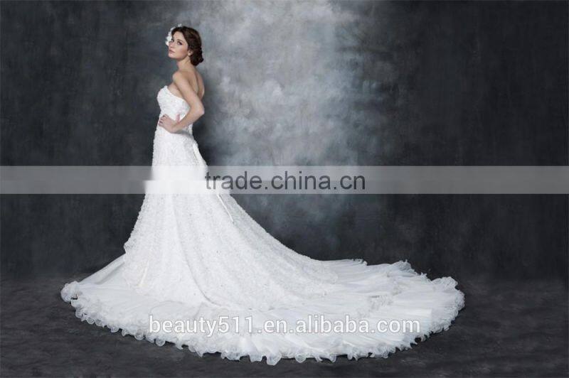 Gorgeous A-line Strapless Chapel Train Pleated Organza and Satin Wedding Dress AS29002