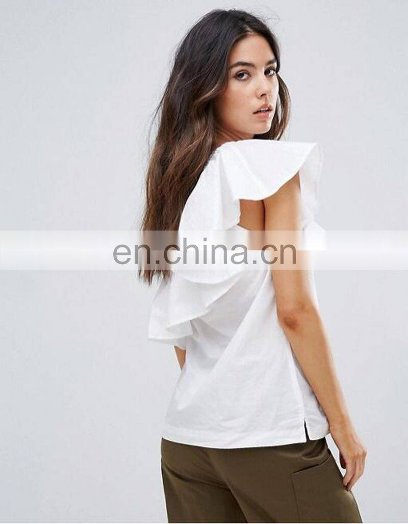 Ladies latest white cotton shirt cheaper wholesale ruffle design for women
