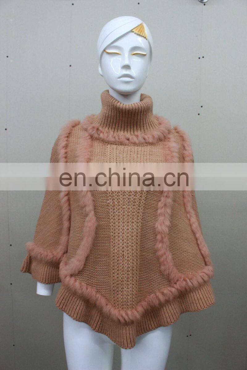 Graceful Wholesale Knitted Choker Pullover For Women Knit Rabbit Fur Shawl Elegant Style Knitting Cape Poncho