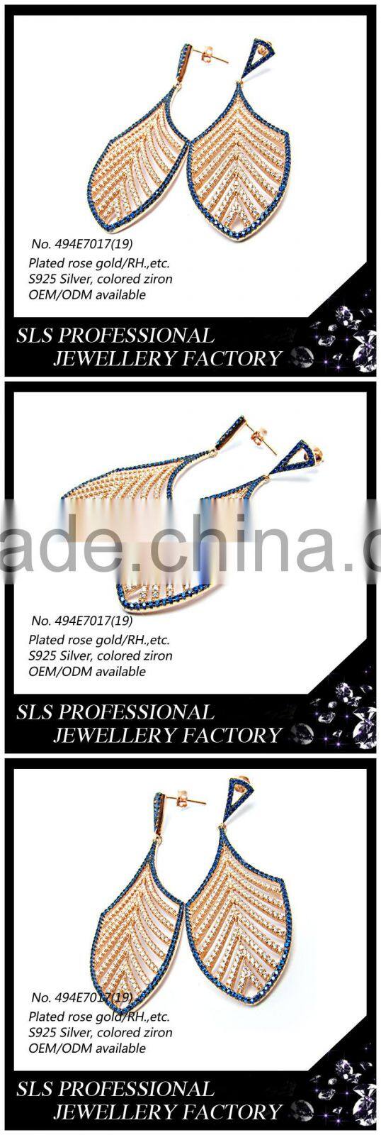2016 New product dubai fashion 925 silver rose gold plated jewelry colored cubic zirconia luxury dangle earrings for women