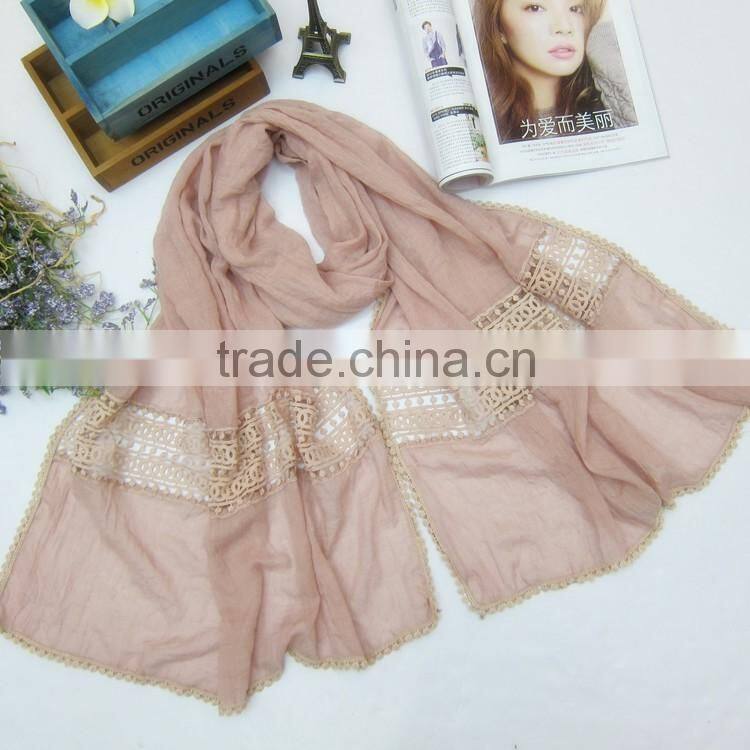 Newest Large Long Plain Embroidery Lace Brim Cotton Linen Brand Scarf