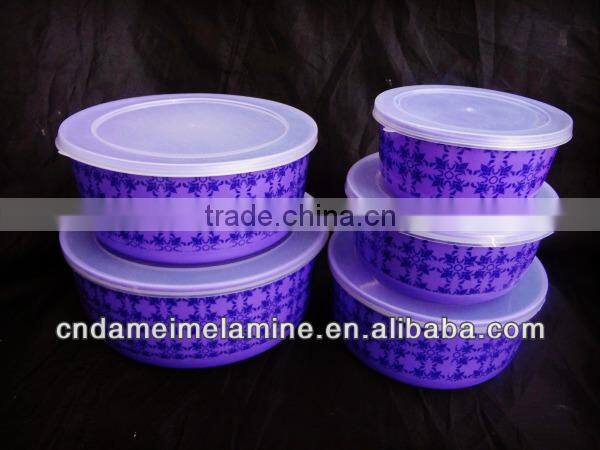 Purple color printed melamine bowl sets with lids